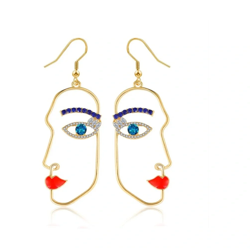 Abstract Art Human Face Dangle Earring with Cubic Zirconia Stone - Picture 2 of 6